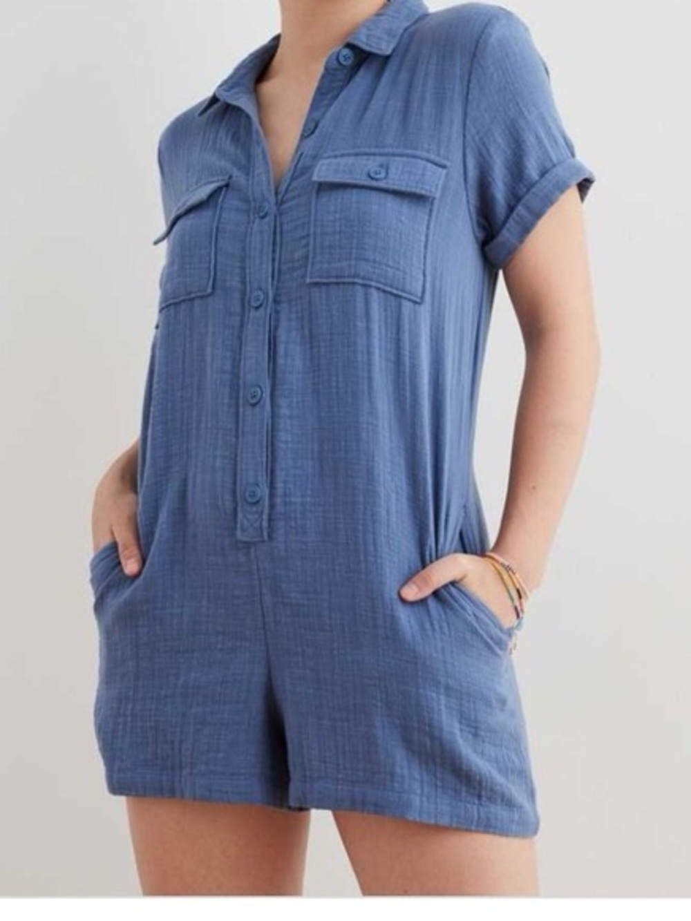 Aerie Dusty Blue Short Sleeve Button Romper XL